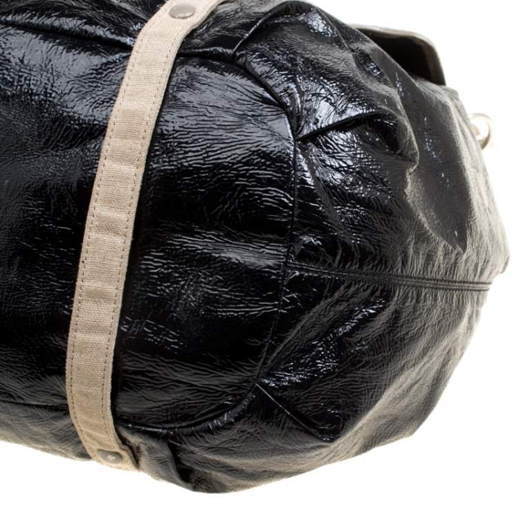 Pre Owned Stella McCartney Black Faux Patent Leather and Canvas Top Handle Bag