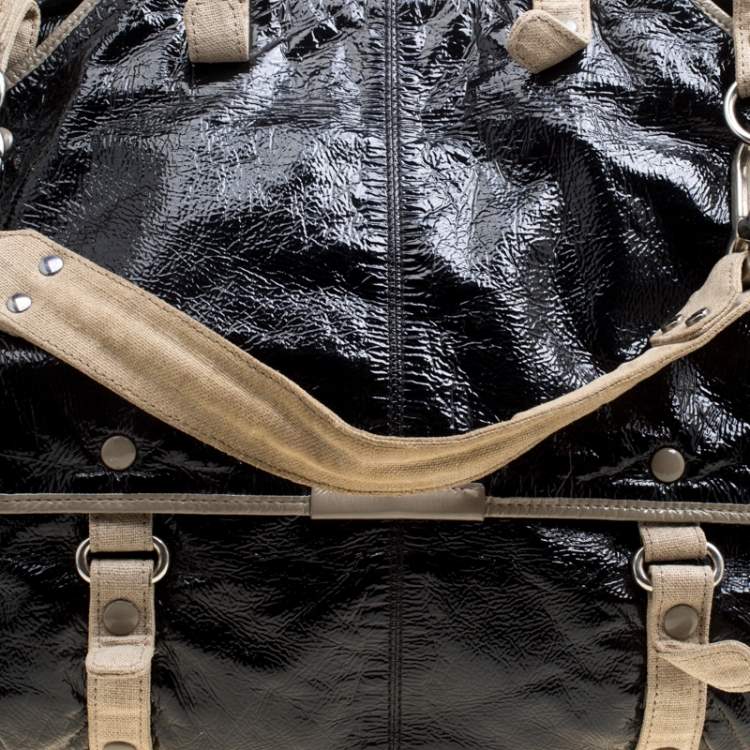 Pre Owned Stella McCartney Black Faux Patent Leather and Canvas Top Handle Bag
