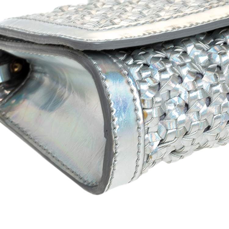 Pre Owned Stella McCartney Silver Holographic Woven Leather Flap Crossbody Bag