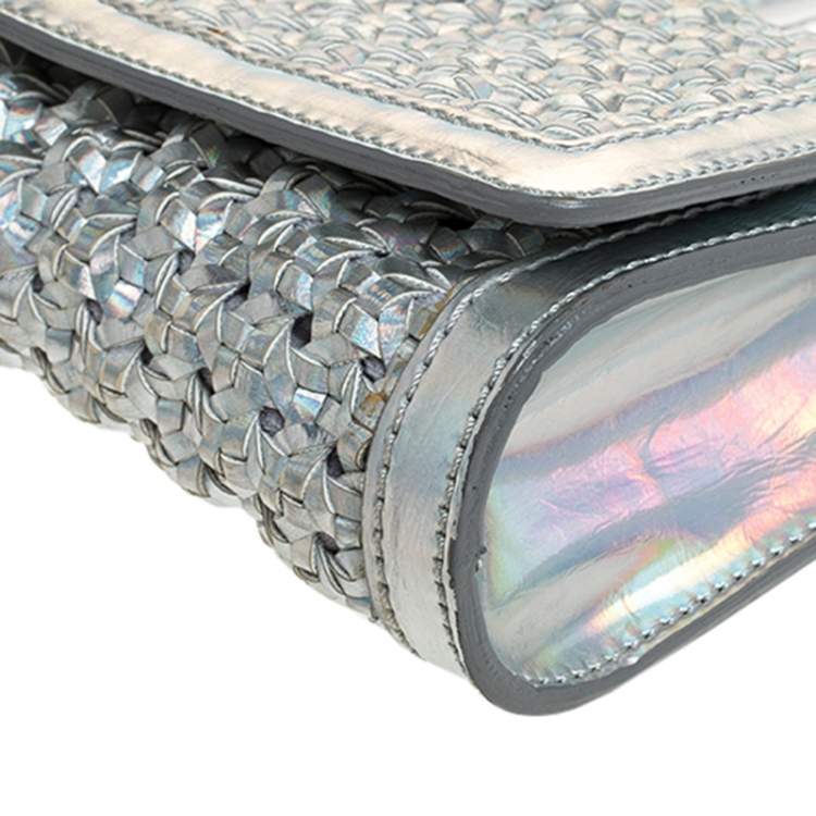 Pre Owned Stella McCartney Silver Holographic Woven Leather Flap Crossbody Bag