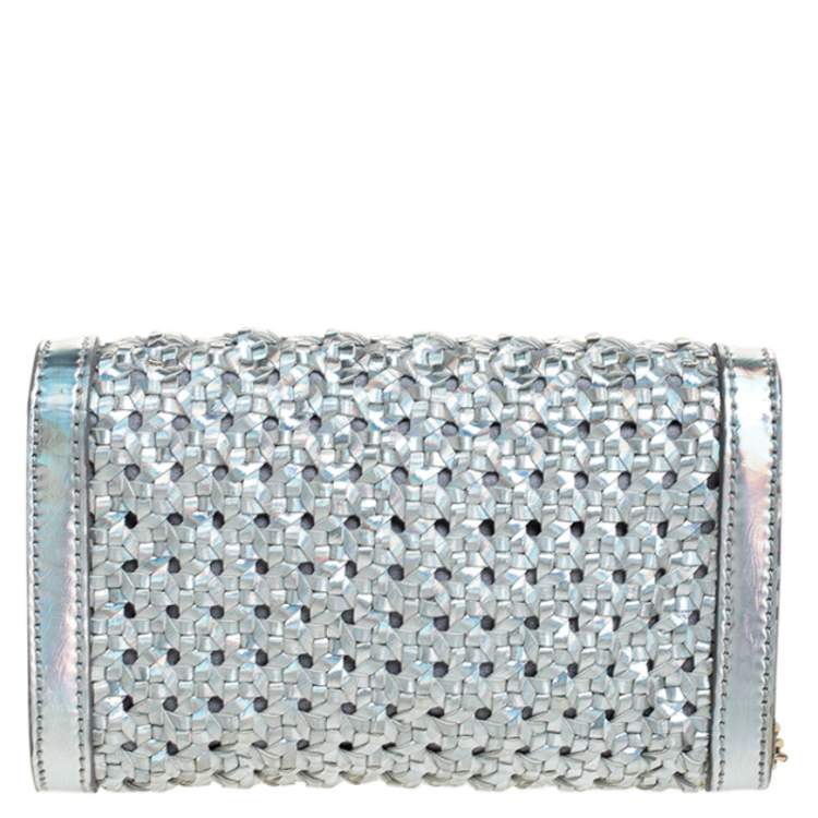 Pre Owned Stella McCartney Silver Holographic Woven Leather Flap Crossbody Bag