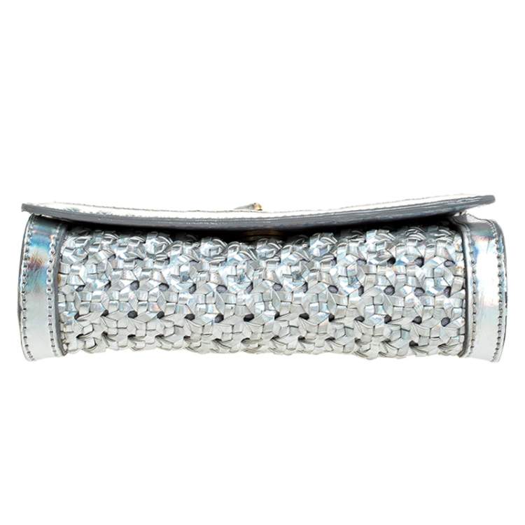 Pre Owned Stella McCartney Silver Holographic Woven Leather Flap Crossbody Bag
