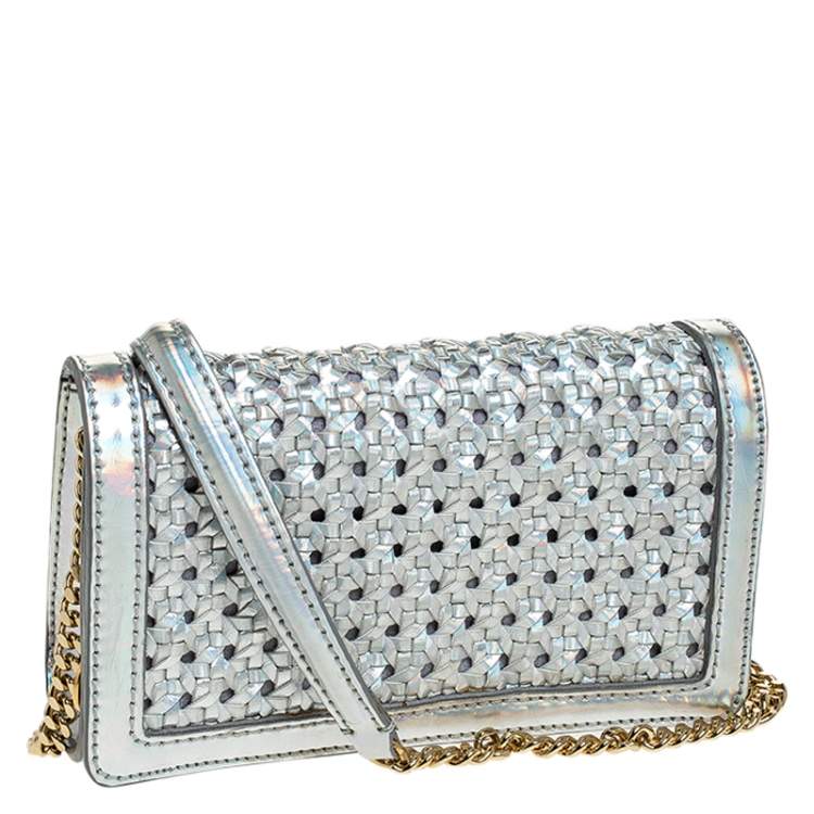 Pre Owned Stella McCartney Silver Holographic Woven Leather Flap Crossbody Bag