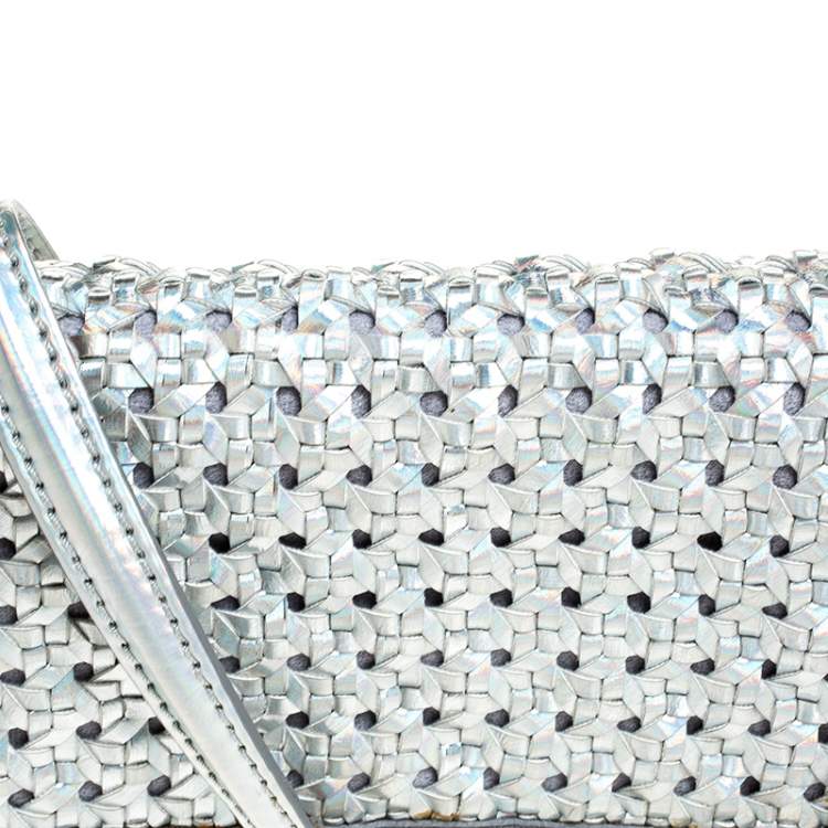 Pre Owned Stella McCartney Silver Holographic Woven Leather Flap Crossbody Bag
