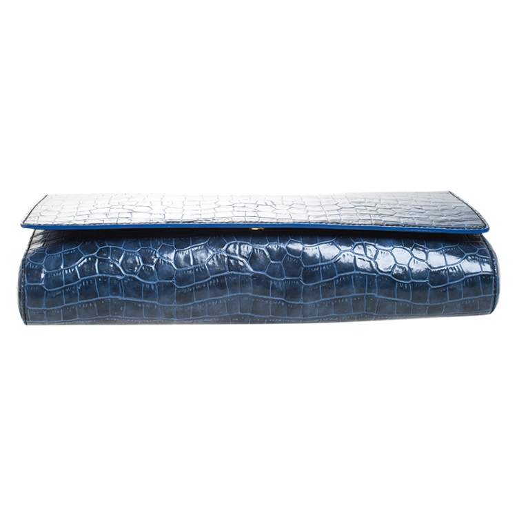 Pre Owned Stella McCartney Blue Faux Croc Leather Oversized Flap Clutch