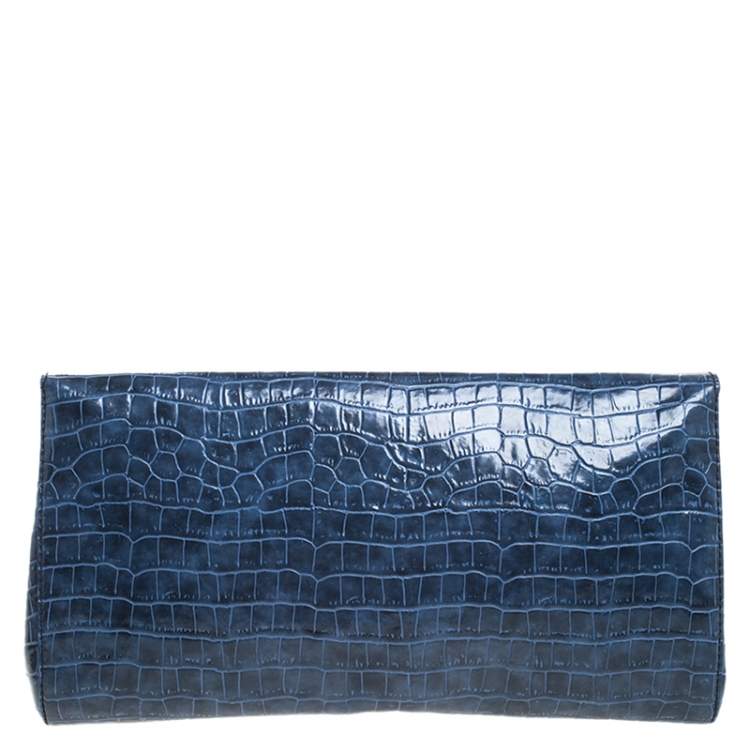 Pre Owned Stella McCartney Blue Faux Croc Leather Oversized Flap Clutch