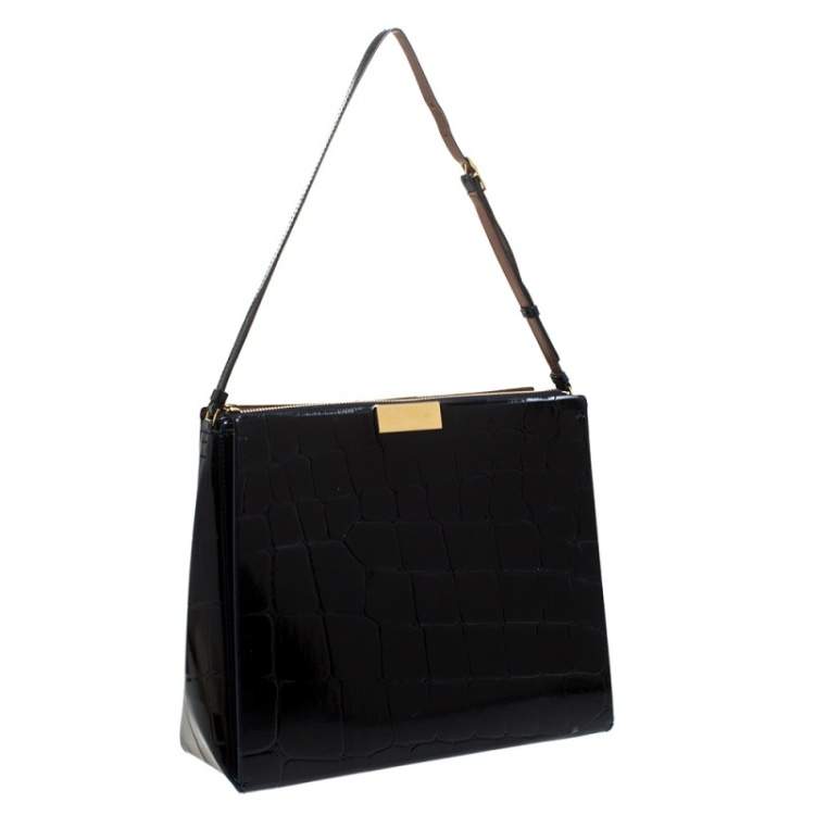 Pre Owned Stella McCartney Black Croc Embossed Leather Shoulder Bag