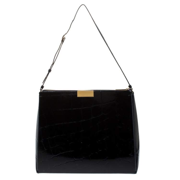 Pre Owned Stella McCartney Black Croc Embossed Leather Shoulder Bag