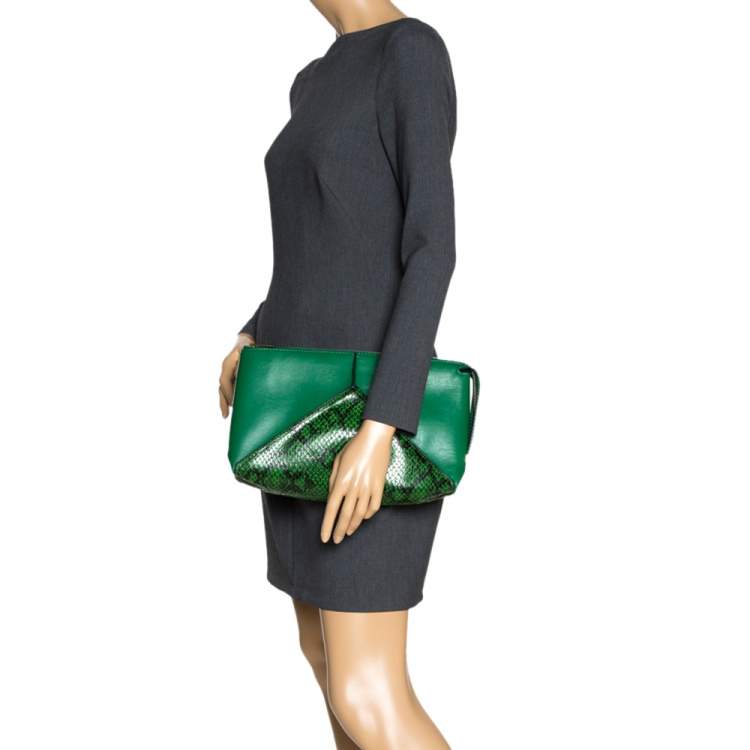 Pre Owned Stella McCartney Green Python Effect and Faux Leather Cavendish Clutch