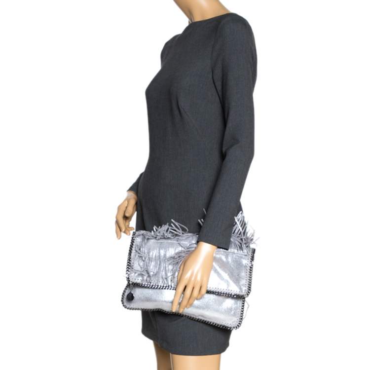 Pre Owned Stella McCartney Silver Faux Leather Falabella Fringed Fold Over Clutch