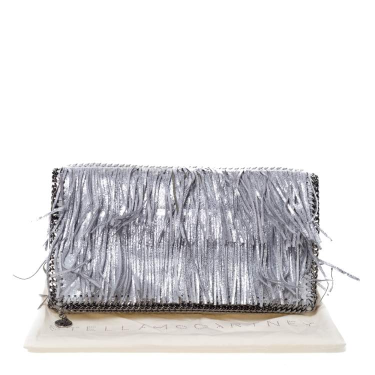 Pre Owned Stella McCartney Silver Faux Leather Falabella Fringed Fold Over Clutch