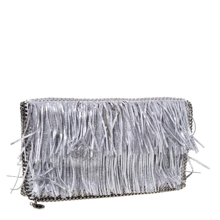 Pre Owned Stella McCartney Silver Faux Leather Falabella Fringed Fold Over Clutch