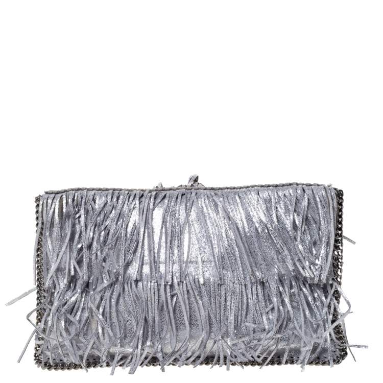 Pre Owned Stella McCartney Silver Faux Leather Falabella Fringed Fold Over Clutch