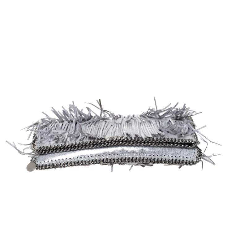 Pre Owned Stella McCartney Silver Faux Leather Falabella Fringed Fold Over Clutch