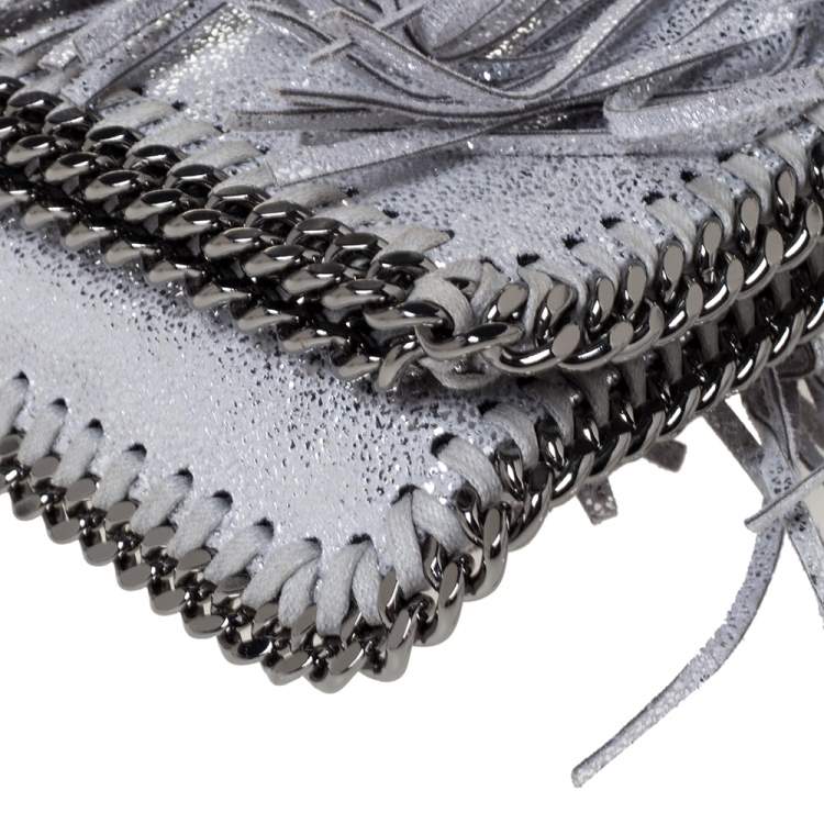 Pre Owned Stella McCartney Silver Faux Leather Falabella Fringed Fold Over Clutch