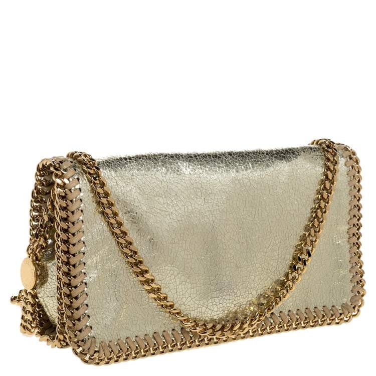 Pre Owned Stella McCartney Metallic Gold Faux Leather Falabella Flap Crossbody Bag