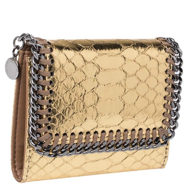 Pre Owned Stella McCartney Gold Python Effect Faux Patent Leather Falabella Wallet