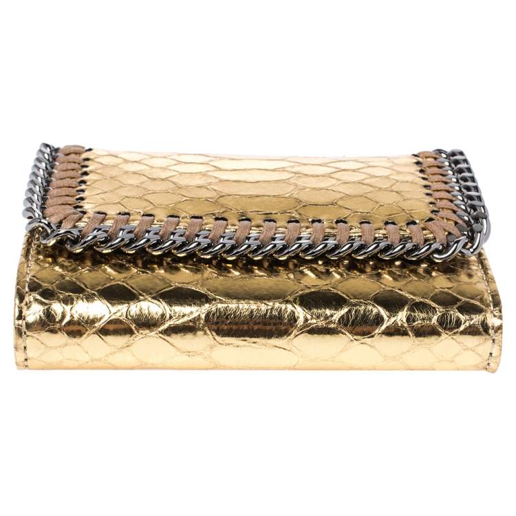 Pre Owned Stella McCartney Gold Python Effect Faux Patent Leather Falabella Wallet