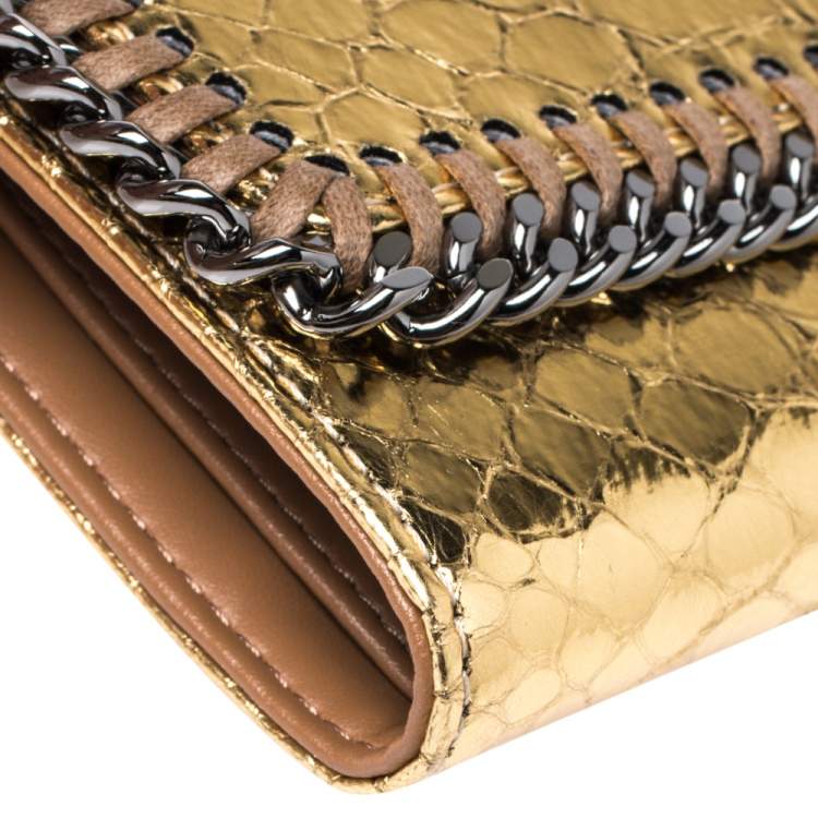 Pre Owned Stella McCartney Gold Python Effect Faux Patent Leather Falabella Wallet