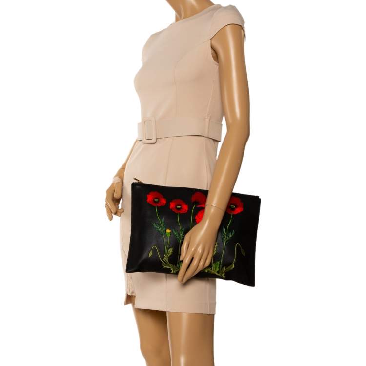 Pre Owned Stella McCartney Black Floral Embroidered Faux Leather Botanical Zip Clutch