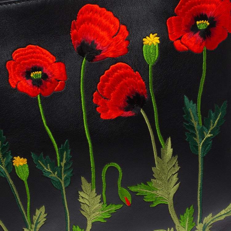 Pre Owned Stella McCartney Black Floral Embroidered Faux Leather Botanical Zip Clutch