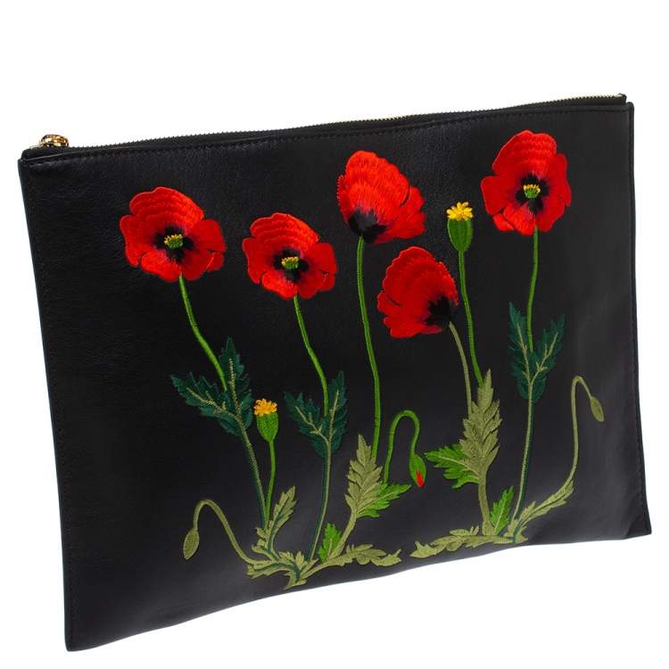 Pre Owned Stella McCartney Black Floral Embroidered Faux Leather Botanical Zip Clutch