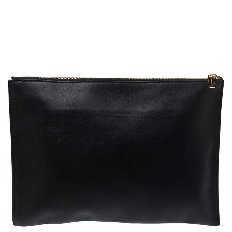 Pre Owned Stella McCartney Black Floral Embroidered Faux Leather Botanical Zip Clutch