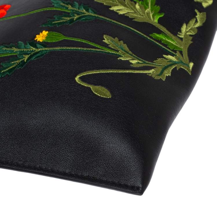Pre Owned Stella McCartney Black Floral Embroidered Faux Leather Botanical Zip Clutch