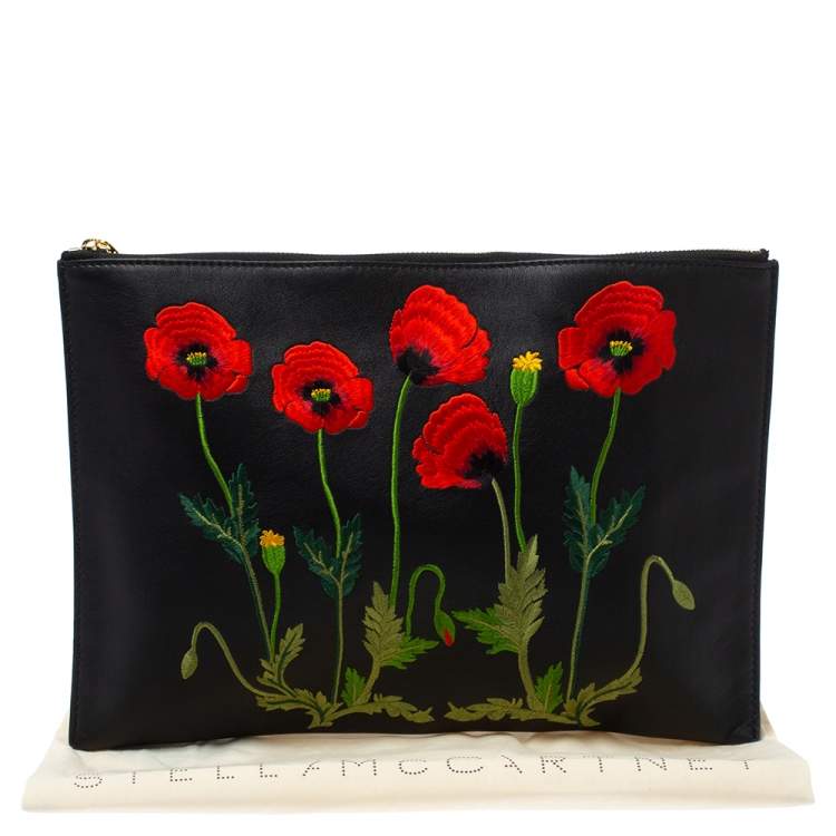 Pre Owned Stella McCartney Black Floral Embroidered Faux Leather Botanical Zip Clutch