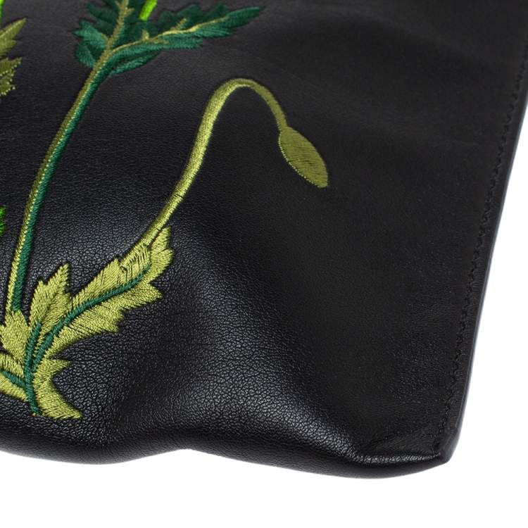 Pre Owned Stella McCartney Black Floral Embroidered Faux Leather Botanical Zip Clutch