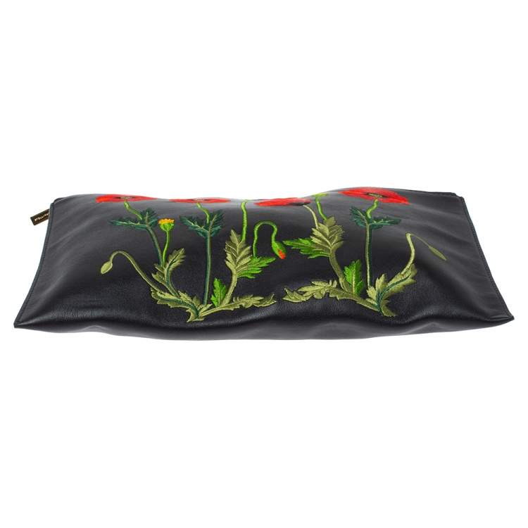 Pre Owned Stella McCartney Black Floral Embroidered Faux Leather Botanical Zip Clutch