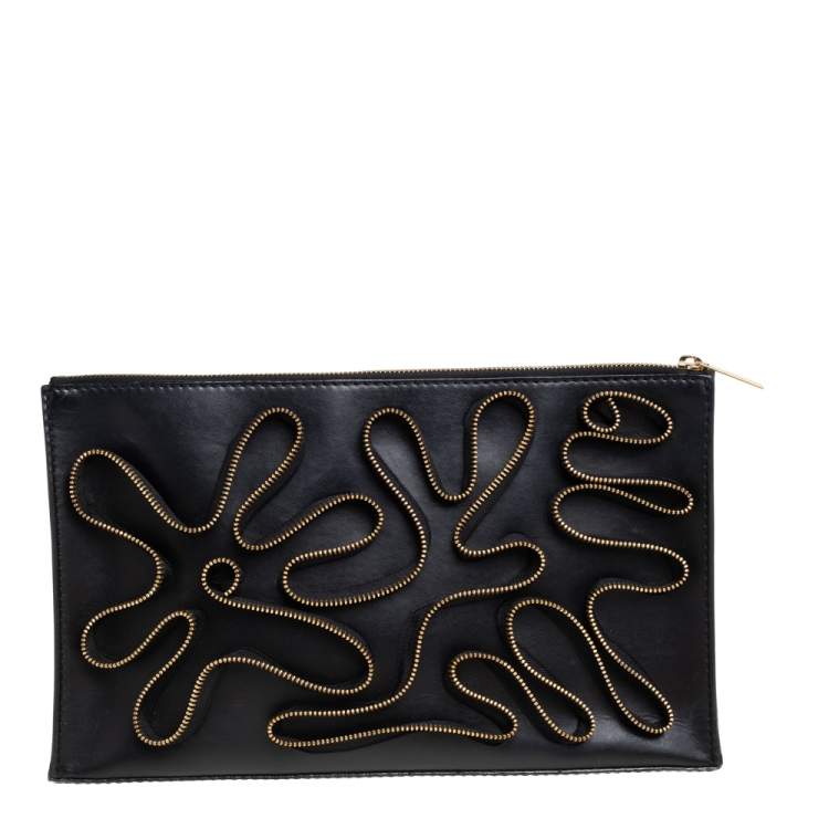 Pre Owned Stella McCartney Black Faux Leather Zipper Embellished Cavendish Clutch