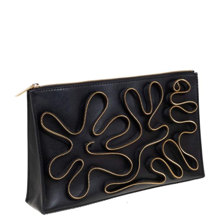 Pre Owned Stella McCartney Black Faux Leather Zipper Embellished Cavendish Clutch