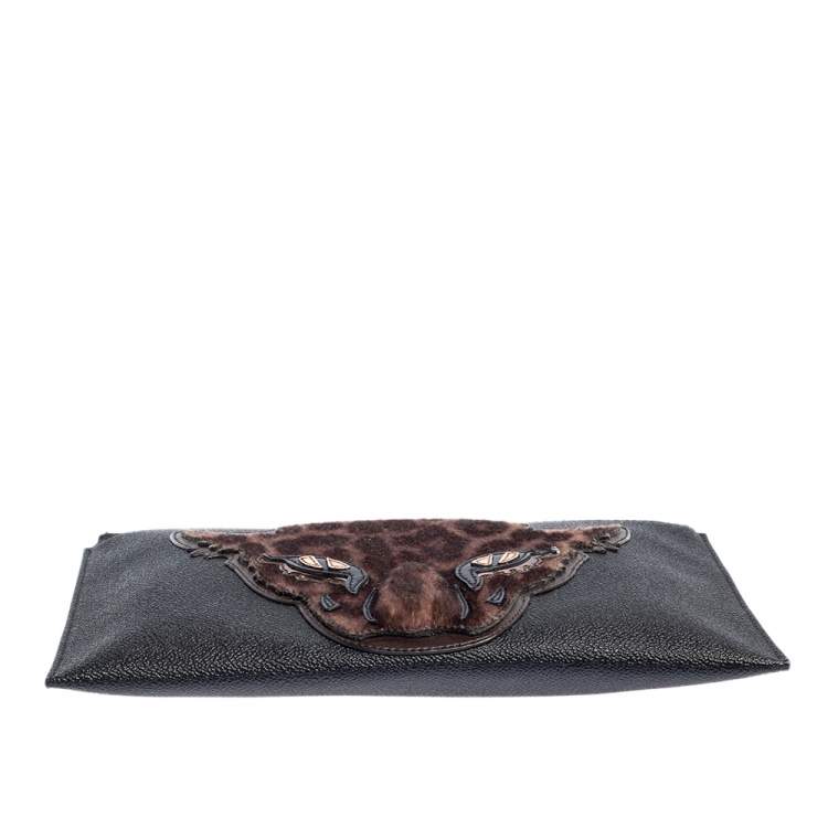Pre Owned Stella McCartney Black/Brown Faux Leather and Calfhair Leopard Clutch