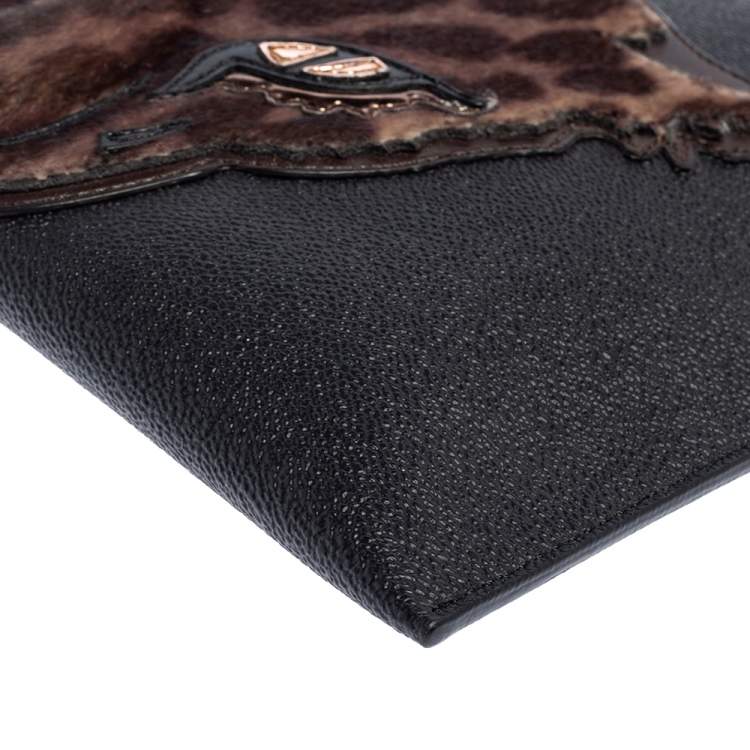 Pre Owned Stella McCartney Black/Brown Faux Leather and Calfhair Leopard Clutch