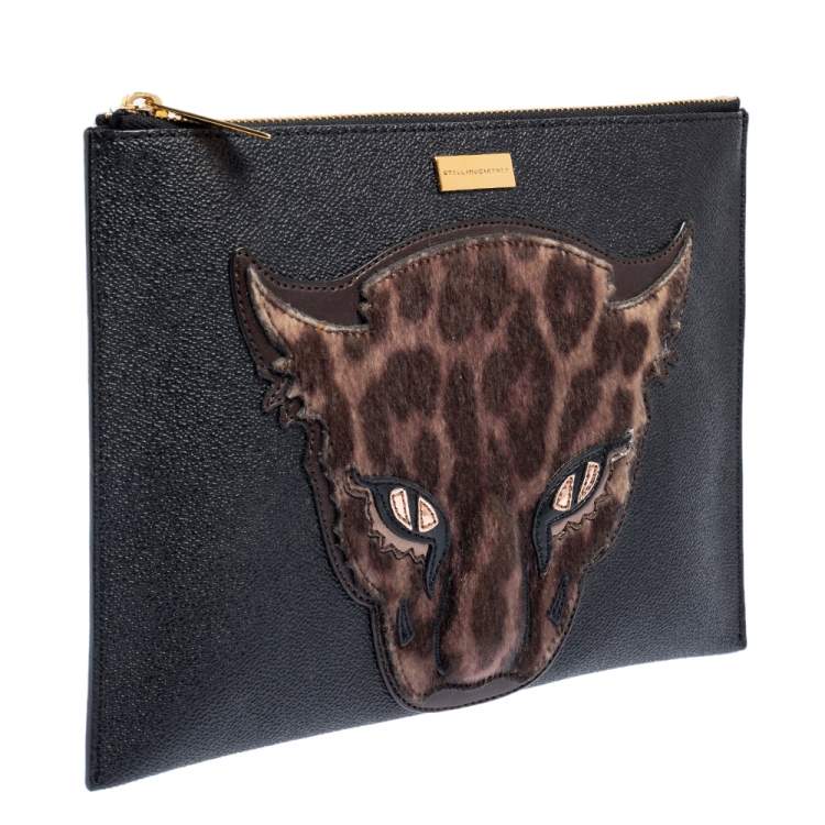 Pre Owned Stella McCartney Black/Brown Faux Leather and Calfhair Leopard Clutch