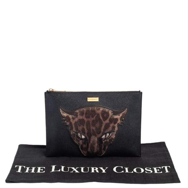 Pre Owned Stella McCartney Black/Brown Faux Leather and Calfhair Leopard Clutch