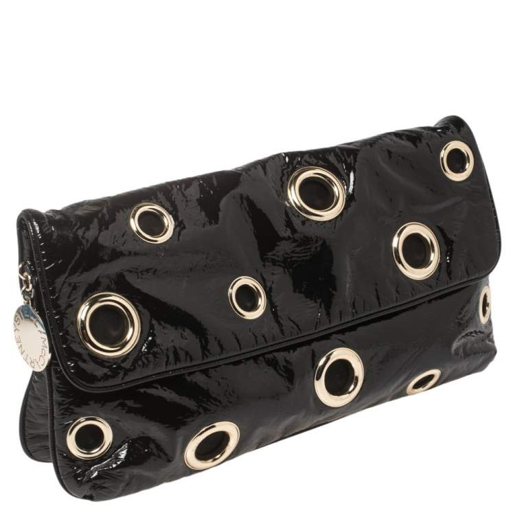 Pre Owned Stella McCartney Black Faux Patent Leather Rivet Flap Clutch