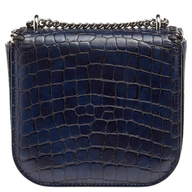 Pre Owned Stella McCartney Navy Blue Croc Embossed Faux Leather Falabella Star Box Bag