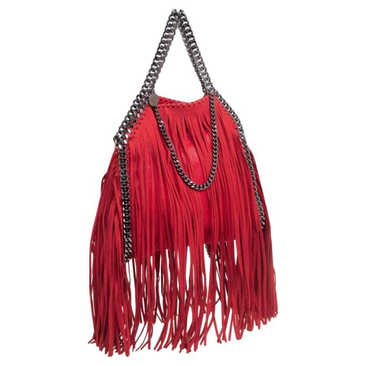 Pre Owned Stella McCartney Red Faux Suede Small Falabella Fringed Tote