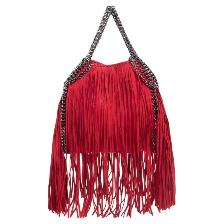 Pre Owned Stella McCartney Red Faux Suede Small Falabella Fringed Tote