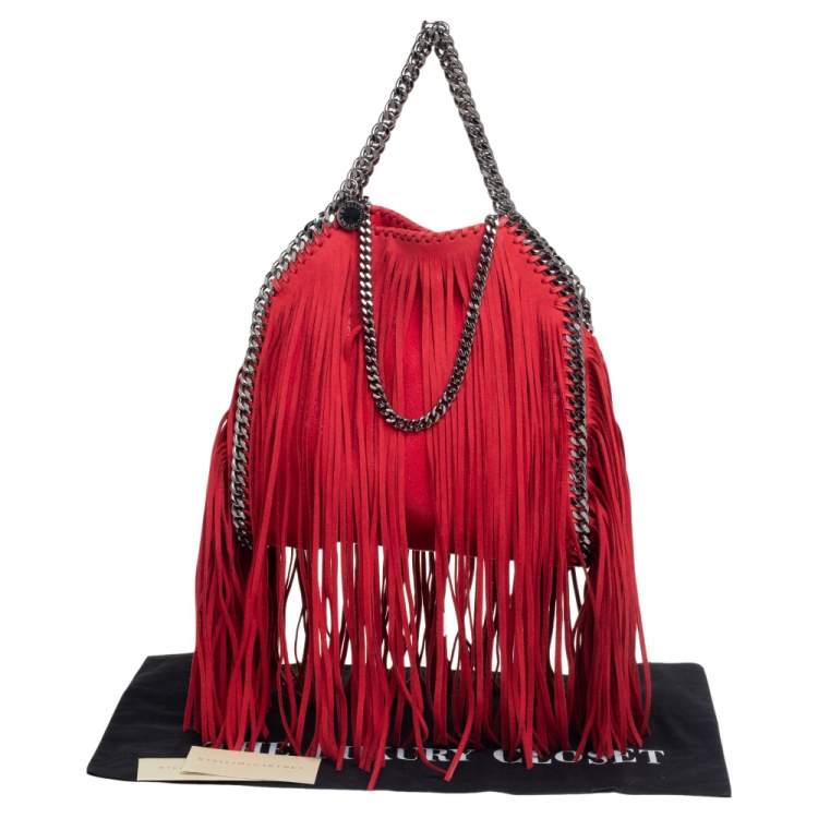 Pre Owned Stella McCartney Red Faux Suede Small Falabella Fringed Tote