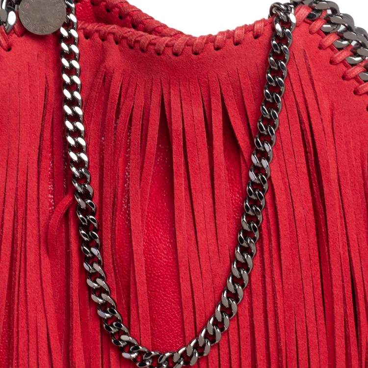 Pre Owned Stella McCartney Red Faux Suede Small Falabella Fringed Tote
