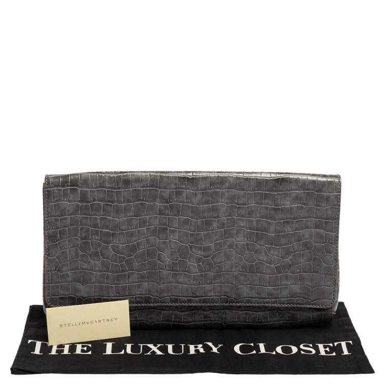Pre Owned Stella McCartney Grey Faux Croc Leather Oversized Flap Clutch