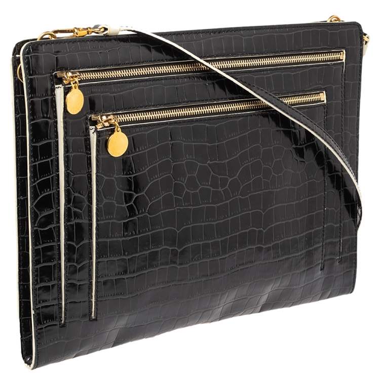 Pre Owned Stella McCartney Black Croc Embossed Faux Leather Clutch Bag