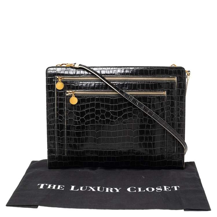 Pre Owned Stella McCartney Black Croc Embossed Faux Leather Clutch Bag