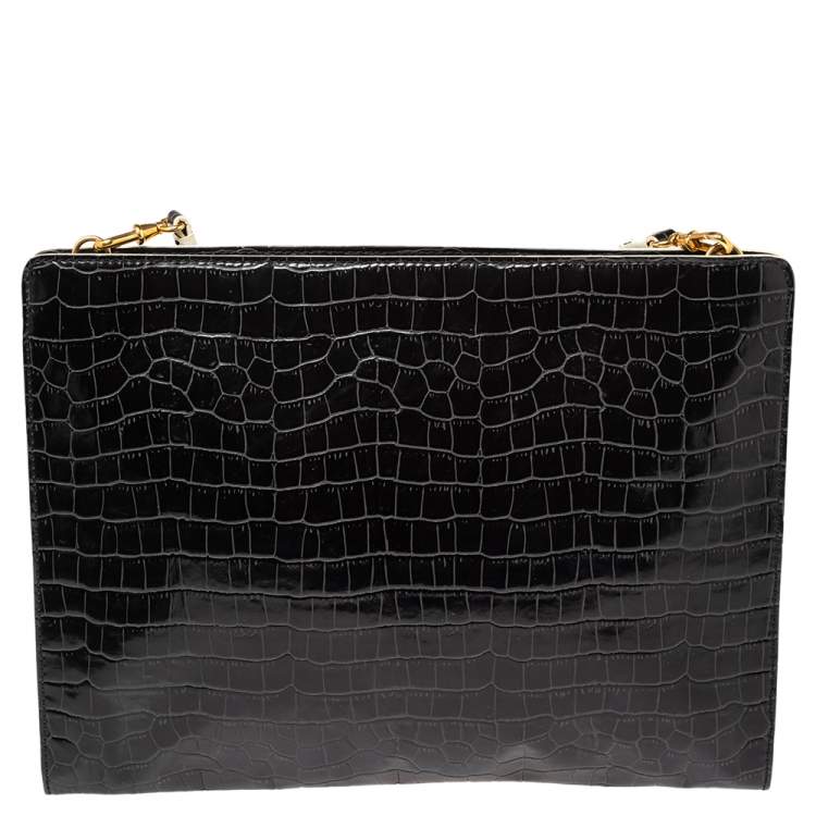 Pre Owned Stella McCartney Black Croc Embossed Faux Leather Clutch Bag
