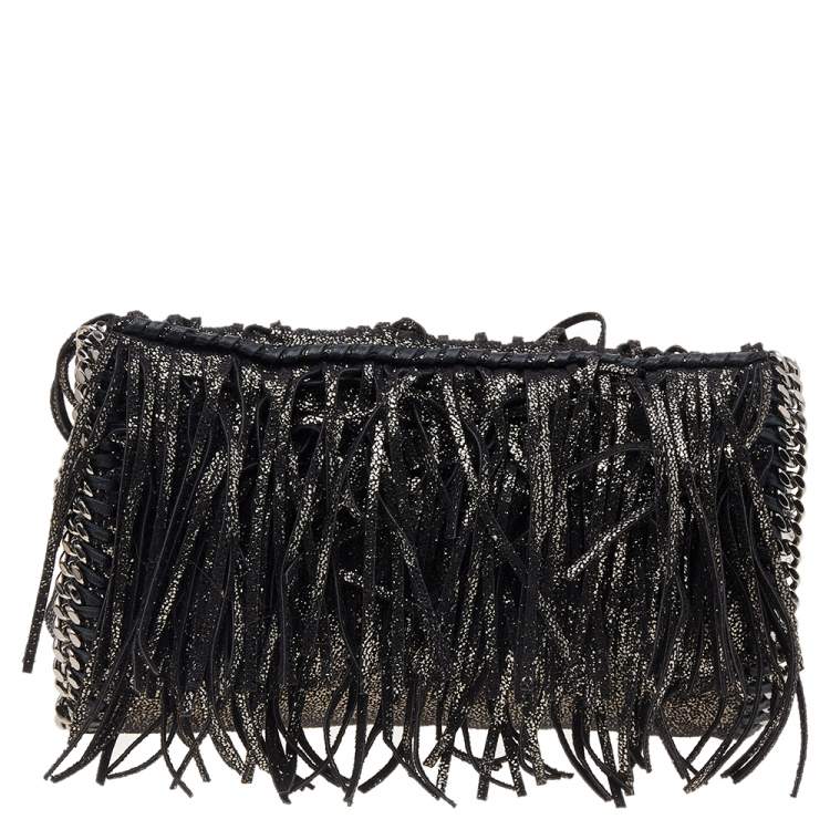 Pre Owned Stella McCartney Metallic Black Faux Leather Fringe Fallabella Crossbody Bag