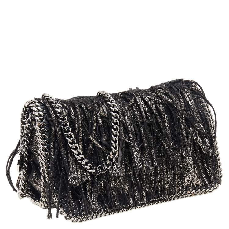 Pre Owned Stella McCartney Metallic Black Faux Leather Fringe Fallabella Crossbody Bag