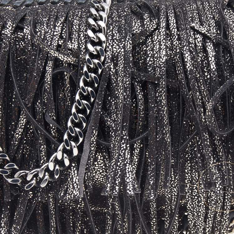 Pre Owned Stella McCartney Metallic Black Faux Leather Fringe Fallabella Crossbody Bag